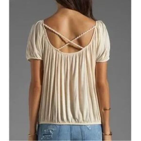 Free People Ann's Ruched Short Sleeve Scoop Neck Flowy Cream Top, Size L - Picture 11 of 11
